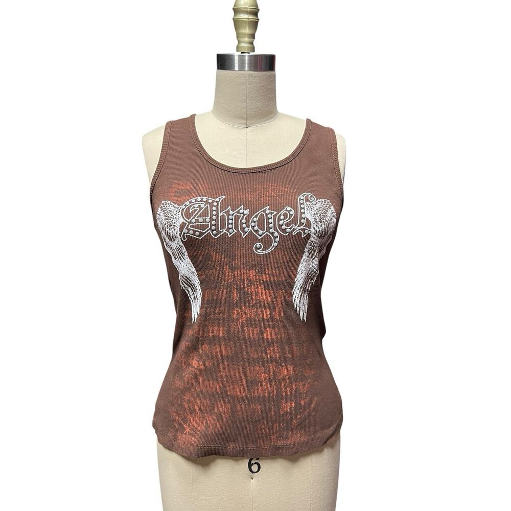 Ribbed Tank Top Women Large Studded Angel Wings Graphics Brown Y2K Biker Moto